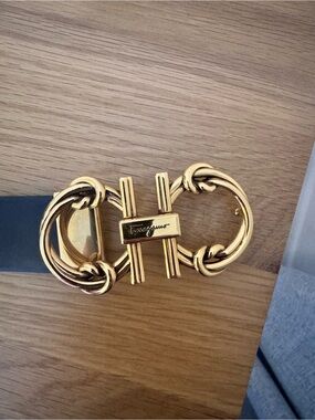 Salvatore Ferragamo Black Leather Belt with Gold Double Gancini Buckle